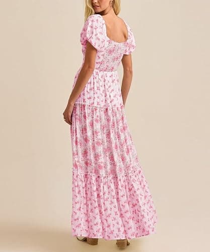 HUROGON Women's Boho Floral Dress Lace Patchwork Maxi V Neck Puff Sleeve Backless Sundress Tiered Ruffle Hem Dresses thumbnail 3