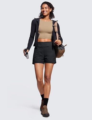 CRZ YOGA Women's Lightweight Mid Rise Hiking Shorts 4'' - Stretch for Athletic Summer Travel Outdoor Golf with Zip Pockets - Medium - Black thumbnail 3