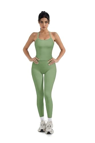 SUUKSESS Women 2 Piece Workout Sets Compression Tummy Control Leggings with Pockets Halter Built in Bra Tank Tops thumbnail 2