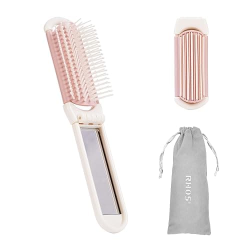 RHOS Folding Brush with Mirror for Women, Girls - Mini Hair Brush for Purse, Small Pocket Brush with Soft Nylon Bristles and Mirror for Travel (Beige) - Image 1