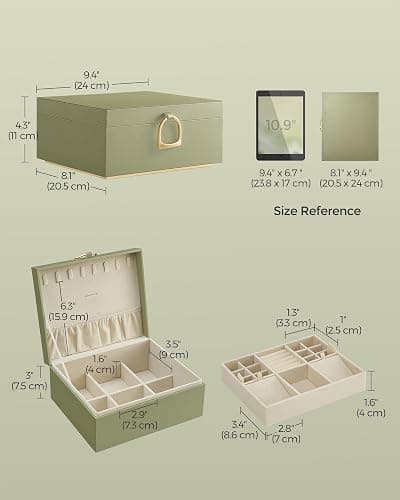 SONGMICS 2-Layer Jewelry Box with Handle, Removable Tray, Floating Effect | Jewelry Organizer, 8.1 x 9.4 x 4.3 Inches, Gift for Loved Ones, Sage Green and Cream White, GREETA Collection UJBC165C02 thumbnail 2
