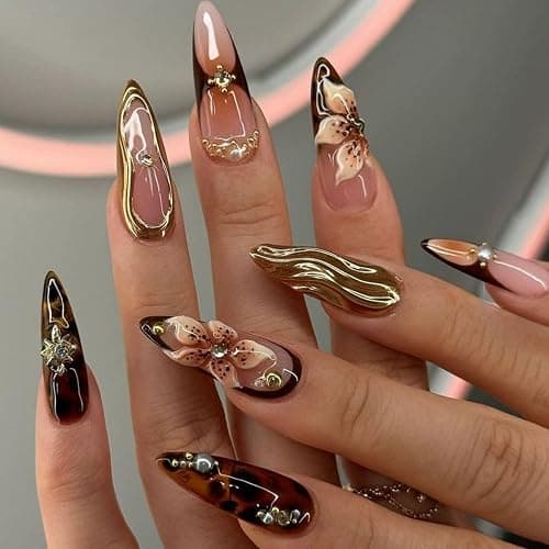Gleamrain Stiletto Press on Nails Long Almond Brown False Nail with Flower and Swirl Designs 3d Fall Nails Press Ons for Women 24pcs thumbnail 5