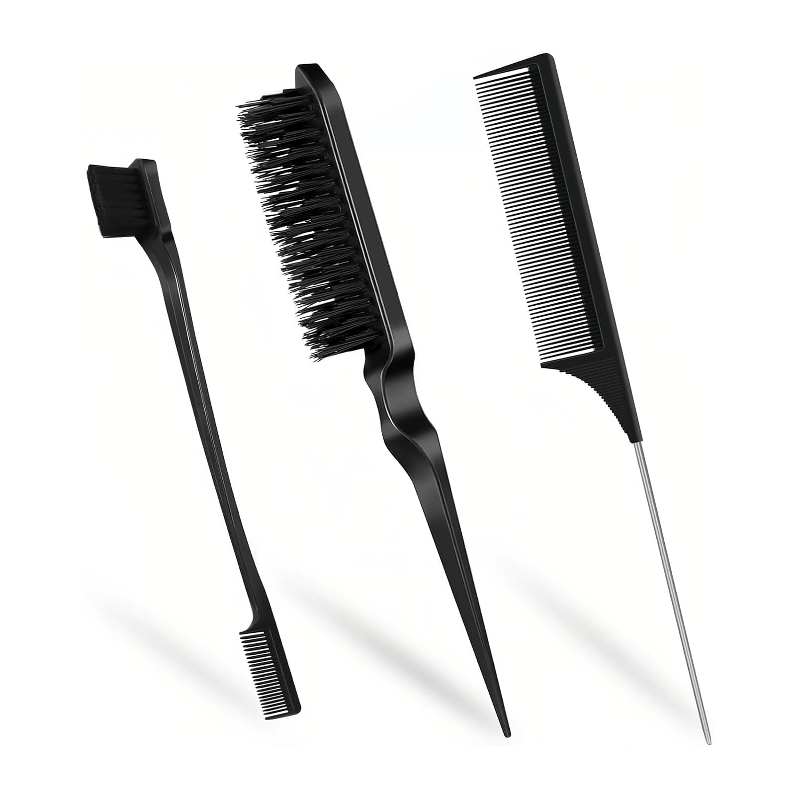 3PCS Hair Brush Set, Slick Back Hair Brush Edges Brush, Rat Tail Comb, Plastic Bristle, Teasing Brush Set for Women Smoothing Hair - Image 1