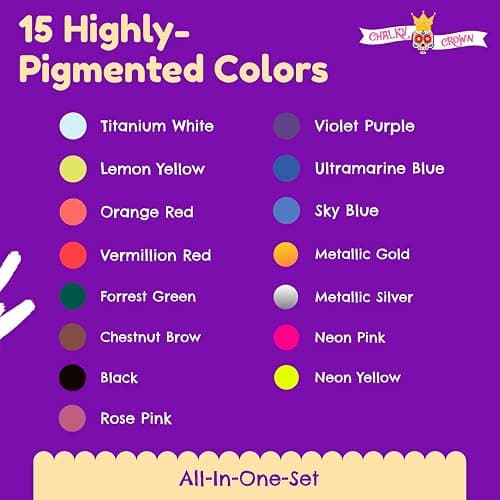 CHALKY CROWN Permanent Fabric Paint for Clothes, 15 Colors for Canvas, Textile, Fabric Paint Set - Child Safe Paint for Fabric with 10 Brushes & Storage Box (60ml each) thumbnail 5