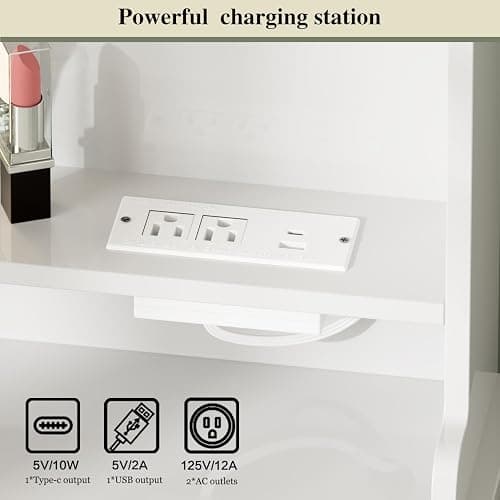 Ieejdn Makeup Vanity Desk with Mirror and Lights, Vanity Desk with 8 Drawers & Storage Shelves, Vanity Table with Power Outlet, 3 Color Modes & Adjustable Brightness Dressing Table, Bedroom,White thumbnail 7