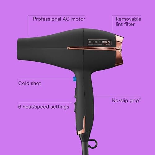 INFINITI PRO by CONAIR Hair Dryer, 1875W Blow Dryer with Diffuser and Concentrator, Ceramic Technology, 3 Heat & 2 Speed Settings, Cold Shot Button, Black thumbnail 2