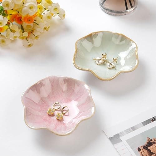 JAMEND CLXP Lotus Leaf Shape Decorative Ring Tray, Small Key Bowl, Ceramic Trinket Tray Jewelry Dish Organizing Necklace Earrings, Home Decoration for Mom Best Friend Sister, Pink. thumbnail 6