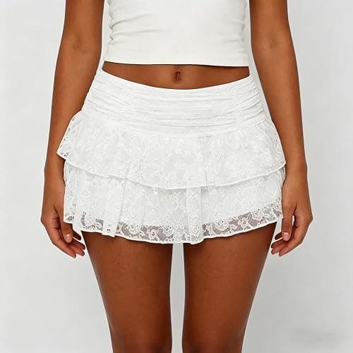 Women Y2k Lace Mini Skirt with Shorts Low Rise Layered Ruffle Skirt Cute Frilly A Line Skort thumbnail 3