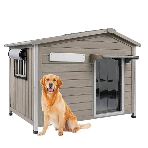 PetsCosset 40.2" L Large Dog House Outdoor & Indoor,Fir Wood Dog Kennel with Weatherproof Openable Asphalt Roof,Spacious Doghouse with Anti-Chewing Metal Edges for Small & Medium & Large Dogs,Grey - Image 1