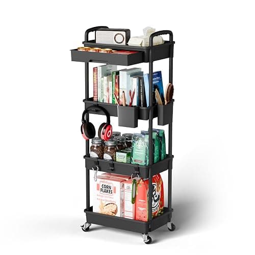 Sorgion 4 Tier Rolling Cart Organizer,Art Craft Diaper Bedside Snack Laundry Room Bathroom Organizer Narrow Thin Slim Rolling Trolley Utility Cart with Wheels for Kitchen,Office(Black) - Image 1