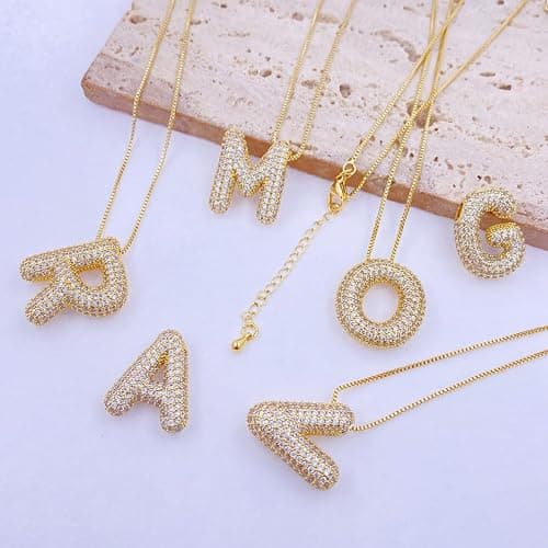 Bubble Letter Necklace For Women, Balloon Initial Letter Alphabet Pendant 18k Gold Plated Dainty Zirconia Inlaid Necklaces Fashion for Women Jewelry Gifts thumbnail 3