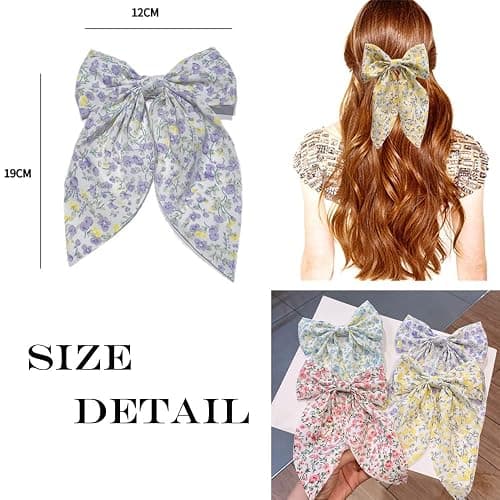 SALOCY Chiffon Hair Bows for Women Girls,4 PCS Barrette Hair Clip Long Black Ribbon Bows French Style Hair Accessories for Summer (Pink,Yellow,Blue,Purple) thumbnail 2