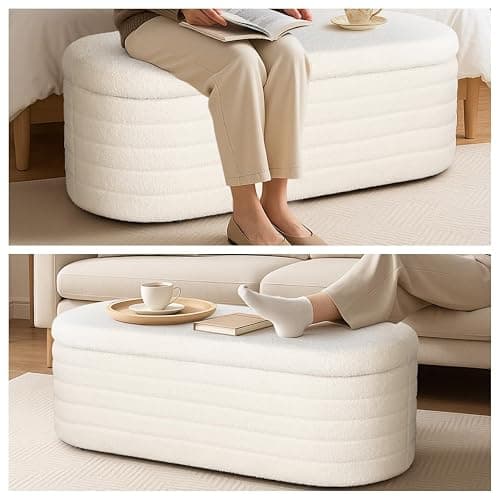 OuchTek Teddy Sherpa Storage Ottoman Bench, Modern Upholstered Window Bench with Safety Hinge Lid, Oval White Ottoman for Living Room, Bedroom End of Bed thumbnail 6