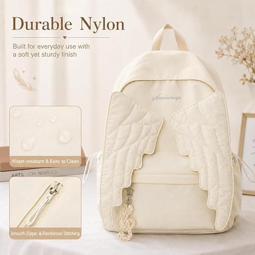 Spacious Angel Wing Travel Backpack Practical Nylon Daypack Roomy Design (White) thumbnail 6