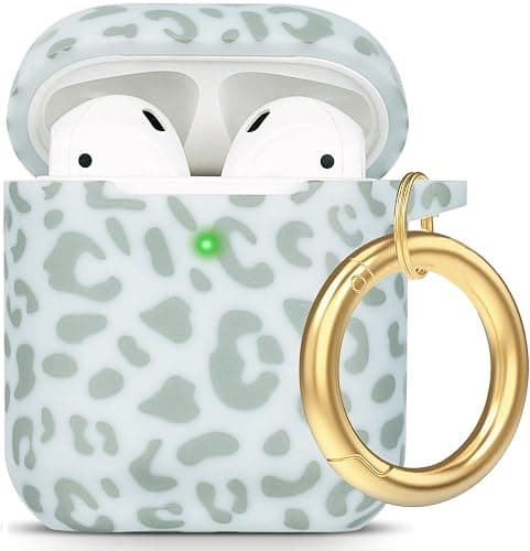 Leopard Silicone Compatible with Airpods Case, Gawnock Soft Cover Flexible Compatible with Airpods 2nd/1st Generation Floral Print Cover for Women Girls with Keychain - Light Green Leopard Cheetah - Image 1