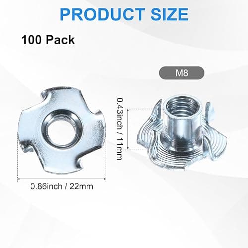 M METERXITY 100-Pack M8x11mm T-nut, 4-Pronged Tee Nut Threaded Insert | Carbon Steel, for Wood, Rock Climbing Holds, Furniture, Corrosion Resistant Fasteners thumbnail 3