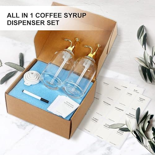 2 Pack 16.9OZ Coffee Syrup Dispenser for Coffee Bar with Labels and Gold Pump, 500ML Syrup Bottles for Home Bar, BPA Free & Durable Transparent Glass thumbnail 6