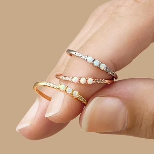 3 Stone Opal Ring for Women with Cubic Zirconia, Dainty Minimalist Stackable Promise Ring in 10K Solid Gold or 14K Gold Plated 925 Sterling Silver Jewelry Gift for Her thumbnail 4