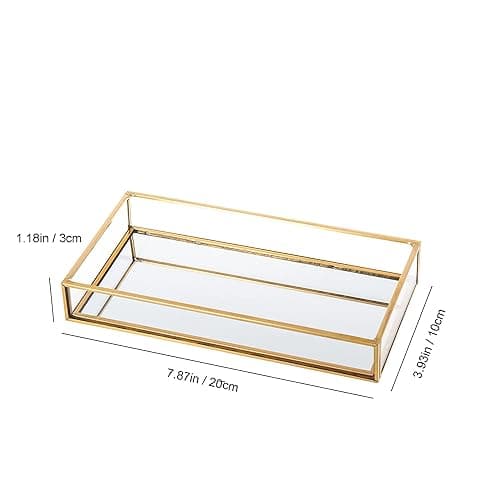 Feyarl Small Gold Clear Glass Perfume Tray Vanity Jewelry Trinket Rings Earrings Organizer Tray Collection Display Decorative Tray for Dressr Drawer Office Tabletop (7.87Inch) - 7.9" x 3.9" x 1.2" thumbnail 2
