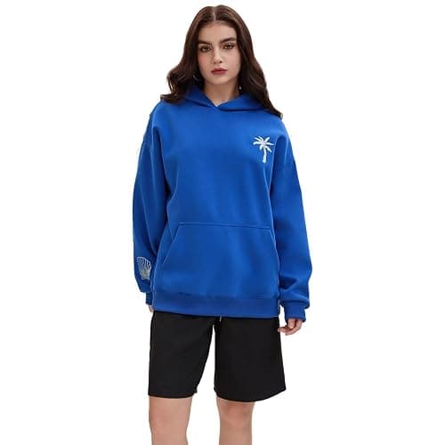 TUETENI Pink Embroidered Palm Tree Hooded Sweatshirt Cute Girls Oversized Sweatshirt Hibiscus Flower Printed Cotton Top thumbnail 5