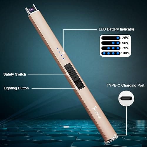 SUPRUS Electric Lighter Arc Windproof Flameless USB Rechargeable Lighter with Safety Lock for Candle BBQ Camping (Champagne Gold) thumbnail 3