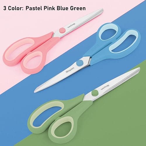 iBayam 8.5 Inch Scissors All Purpose Heavy Duty 3 Pack, 2.5mm Thick Ultra Sharp Blade Comfort-Grip for Office Classroom School Cardboard Craft Desk, Left/Right Handed, Cute Pastel Pink Blue Green thumbnail 6