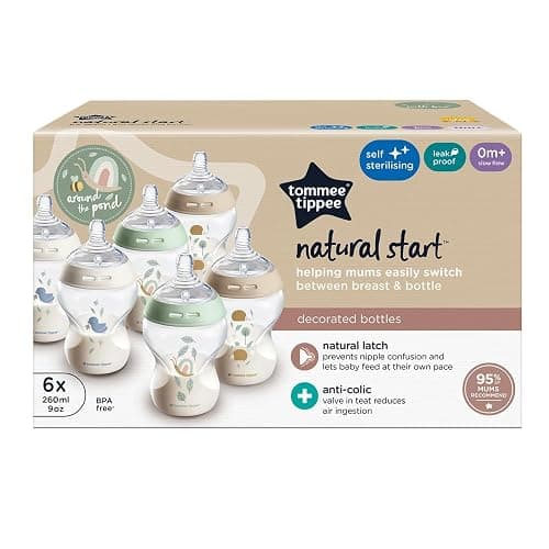 Tommee Tippee Natural Start Baby Bottles for 0m+, Pack of 6 260ml Baby Bottles, with Slow Flow Breast-Like Teat for a Natural Latch, Self-Sterilising and BPA Free, Baby Feeding Essentials, Pond thumbnail 2