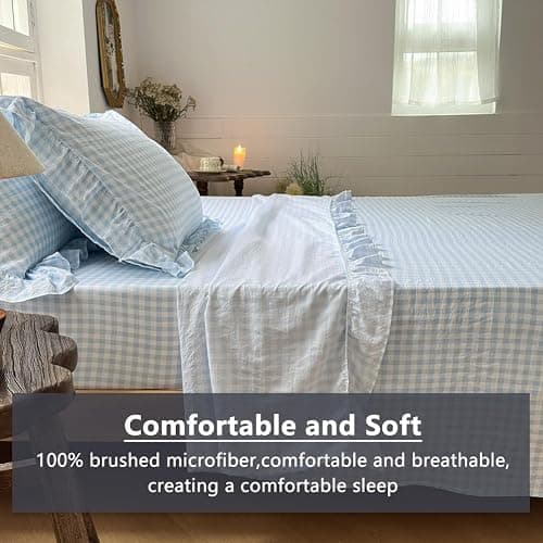 NSNLGSGC Light Blue Gingham Ruffle Queen Sheet Set | Soft Pre-Washed Microfiber, Plaid, 4-Pieces, Farmhouse, Deep Pocket thumbnail 4