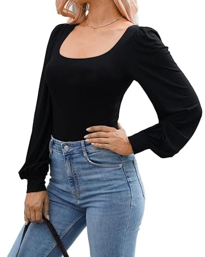 MANGOPOP Square Neck Puff Sleeve Bodysuit Loose Lantern Long Sleeve Body Suit for Women for Going Out thumbnail 3