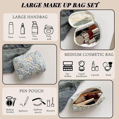 Aucuu 3PCS Set Kosmetiktasche, Reise Kosmetiktasche Set Damen, Kulturtasche Damen mit Blumenmuster, Gesteppte Kulturtasche, Kulturbeutel Make Up Tasche, Tragbare Schminktasche für Mädchen Frauen thumbnail 5