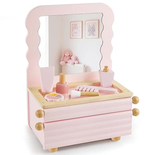 PIIKAGO Wooden Kids Vanity Set with Acrylic Display Case, Pretend Play Toddler Makeup Vanity for Girls, Beauty Salon Set with Makeup Accessories, Little Girls Gift Age 3+ (Pink) - Image 1