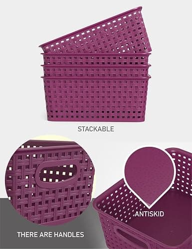 WYT 6-Pack Plastic Small Shelf Storage Weave Baskets Organizing for Cabinets and Pantries, Deep Purple thumbnail 3