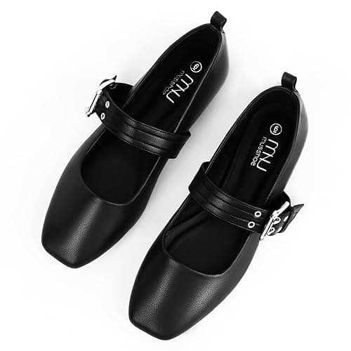 MUSSHOE Womens Ballet Mary Jane Flats Shoes Adjustable Strap Comfortable Square Closed Toe Versatile Chic Footwear with Latex Insole - Image 1