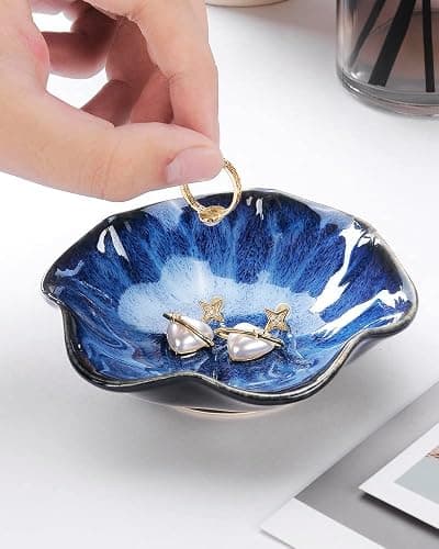Lotus Leaf Shape Decorative Ring Tray, Small Key Bowl, Ceramic Trinket Tray Jewelry Dish Organizing Necklace Earrings, Home Decoration for Mom Best Friend Sister, Blue. thumbnail 2