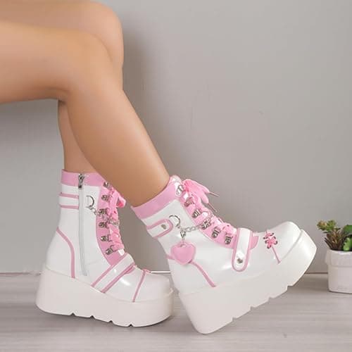 UOQAPRE Women's High Heel Combat Boots Square Toe Lace Up Ankle Booties Fashion Wedge Chunky Platform Boots Zipper Bootie Shoes thumbnail 4