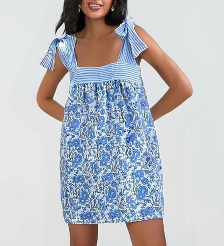 Women Floral Tie Shoulder Mini Dress Cute Square Neck Loose Fit Beach Short Dress Backless Boho Vocation Sundress thumbnail 3