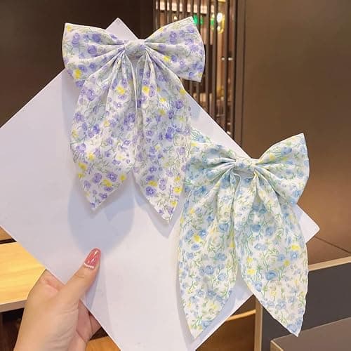 SALOCY Chiffon Hair Bows for Women Girls,4 PCS Barrette Hair Clip Long Black Ribbon Bows French Style Hair Accessories for Summer (Pink,Yellow,Blue,Purple) thumbnail 5