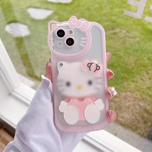 Olntun for iPhone 16 Cute Cartoon Case,Women Girls Kids 3D Bow Kawaii Pink Cat Face Makeup Mirror Soft TPU Clear Protective Phone Cover for iPhone 13 6.1inch thumbnail 5