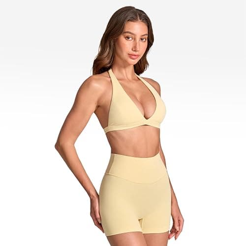INGIA Deep V-Neck Halter Sports Bra Padded | Low Back, Low Impact, Fitness, Yoga, Workout, Crop Top, for Women thumbnail 3