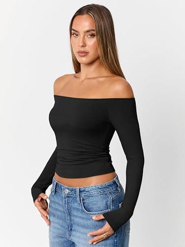 Trendy Queen Womens Long Sleeve Off The Shoulder Tops Going Out Cute Basic Y2K Fall Fashion 2025 Outfits Clothes - Black - Medium thumbnail 3
