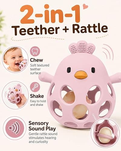 Tinabless Baby Teether Rattle Toys, 2-in-1 Easy Grip Silicone Teething for Babies 3-12 Months, BPA-Free Sensory Chew Toy for Sore Gums, Infant Gift (Pink w/Rattle) thumbnail 3