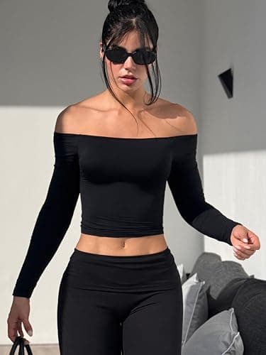 YEOREO Ease Women Off Shoulder Long Sleeve Shirts Double Lined Basic Top | Under Shirt Y2K Going Out Tops thumbnail 2