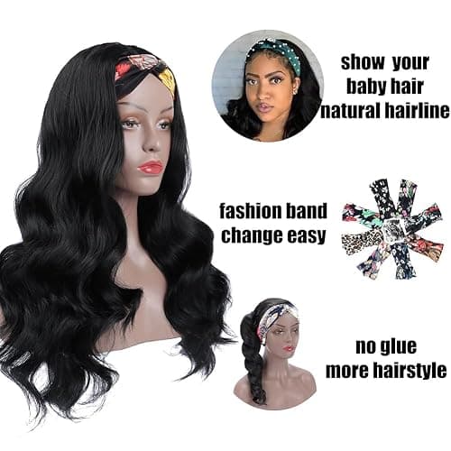 Colorful Queen Glueless Headband Wig Long Black Body Wave Headband Wigs for Black Women Synthetic Natural Looking Wavy Wig Heat Resistant 180% Density (26inch, 1B#) thumbnail 2