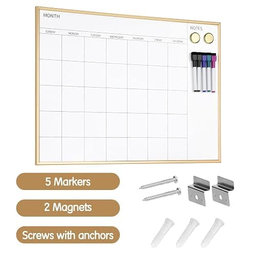VUSIGN Monthly Calendar Whiteboard, 17" x 13" Gold Wooden Frame | Magnetic Dry Erase Calendar with 2 Magnets & 5 Whiteboard Pens, Monthly Calendar Whiteboard for Office School Home thumbnail 6