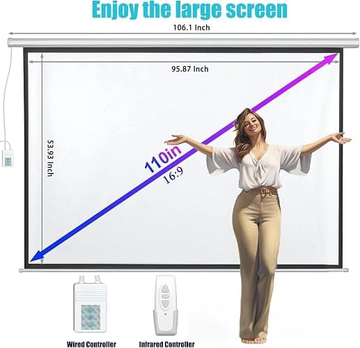 110" Motorized Projector Screen, Electric 16:9 Projector Screen with Remote Control, Indoor/Outdoor HD Movie Screen, Wall/Ceiling Mounted, Perfect for Home Office Theater TV, White thumbnail 8
