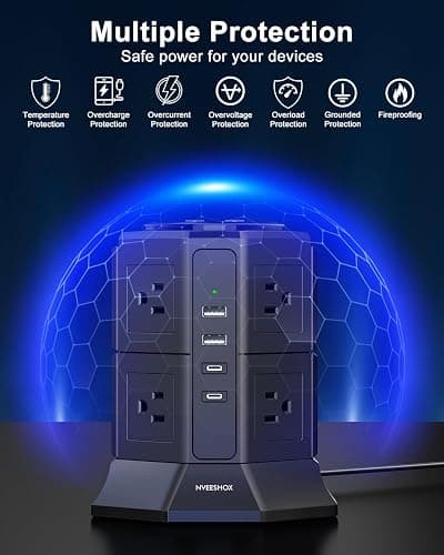 Surge Protector Power Strip Tower with 8 AC Outlets 4 USB Ports(2 Type C), 6.5 FT Ultra Flat Extension Cord, Flat Plug Power Strips Tower with Surge Protection for Home, Office, Dorm thumbnail 7