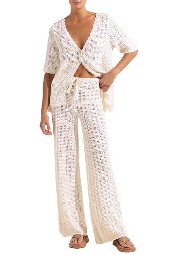 Imily Bela Women's Summer 2 Piece Swimsuit Cover up Crochet Knit Cardigan Tops Long Pants Set Bathing Suit Beach Outfit - Image 1