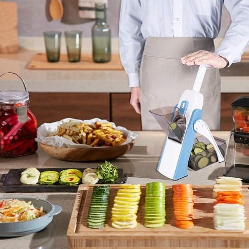 ONCE FOR ALL Safe Mandoline Slicer 5 in 1 Vegetable Cutter, Strips Julienne Dicer Adjustable Thickness 0.1-8 mm for Kitench Fast Meal Prep (Light Blue) thumbnail 6