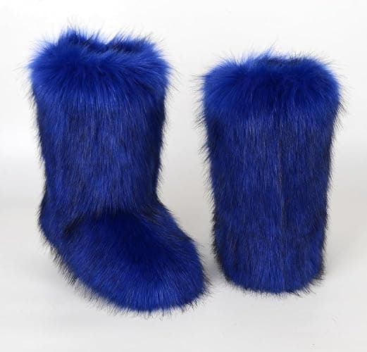 QMFUR Women's Furry Faux Fur Boots Fuzzy Fluffy Mid Calf Snow Boots Suede Warm Fur Lined Booties Flat Fashion Boots - 8 - Deep Blue thumbnail 3