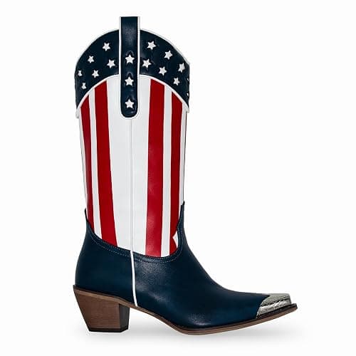 RKQ Women's Flag Mid Calf Cowboy Boots Chunky Block Heel Pull On Wide calf Metal Pointed Toe Western Cowgirl Booties classic sexy party Boots thumbnail 5